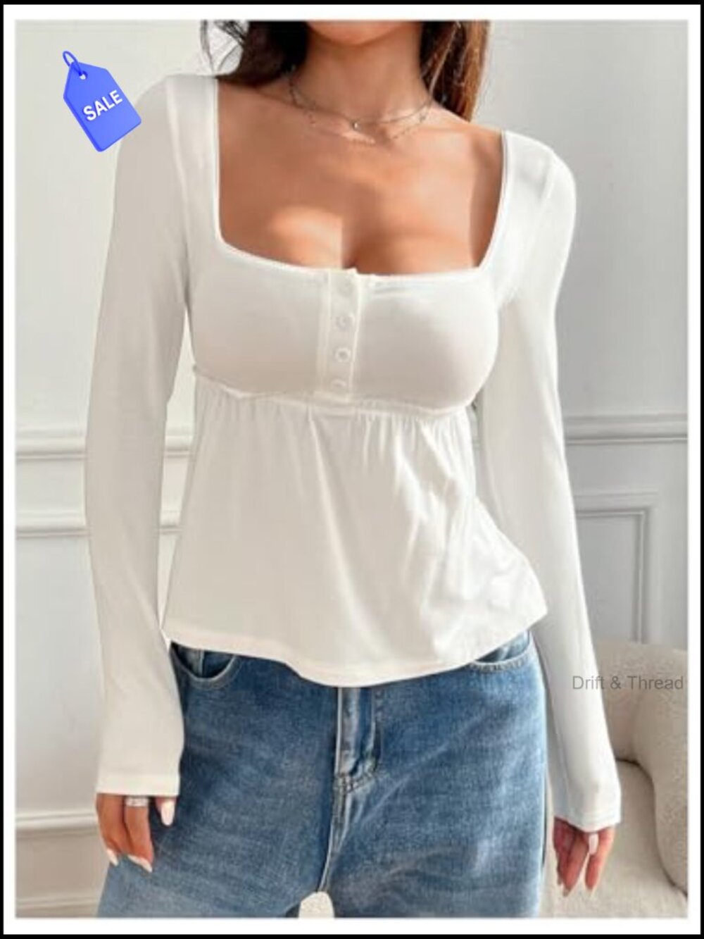 Long Sleeve Square Neck Peplum Top Ruffle Hem Blouse - Picture 2 of 6